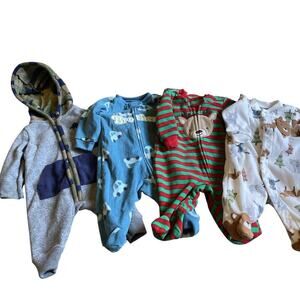 Newborn Footie Pajamas 4 Pairs, Mixed Brand’s Carters Child Of Mine Cars Animals